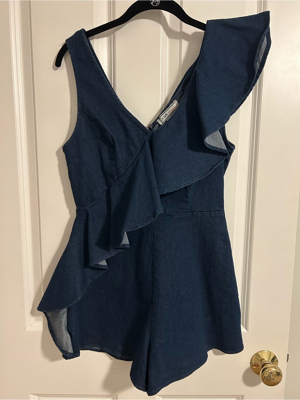 Flying Tomato Denim One-Shoulder Ruffle Romper